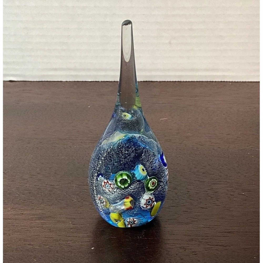 Art Glass Hand Blown Teardrop‎ Paperweight Clear Blue Metallic Floral Colorful